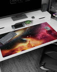 Spiral galaxy scene desk pad 40x20 inches, star-speckled sky with magenta nebula and glowing horizon.