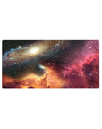 Cosmic spiral galaxy desk mouse pad, 32x16 inches, with nebula horizon glow and starry space backdrop.