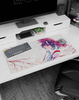 32x16 inches large mouse pad featuring shy blue-haired anime girl under a mauve umbrella with petals.