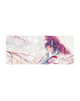 28x12 inches anime girl mouse pad with blue-haired girl under mauve umbrella and sakura petals.