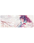 32x12 inches anime girl mouse pad with blue-haired girl under mauve umbrella and sakura petals.