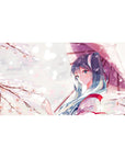 Anime girl desk pad 40x20 inches with blue-haired character under mauve umbrella and sakura petals.