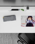 14x10 inches anime mouse pad in soft whites and pastels, flirty modern vibe with deep red highlights.