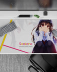40x20 inches anime desk pad in soft whites with bold yellow and pink stripes, flirty pastel vibe.