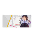 Saekano anime girl mouse pad 28x12 inches with pastel layout and bold diagonal yellow and pink accents.