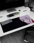 Bold 36x16 desk pad featuring confident anime smirk, piercing teal eyes, and dark gradient background for sleek vibe