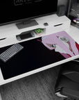 Anime-inspired 40x20 desk mat with close-up of smirk and teal eyes, dark gradient background adding bold style
