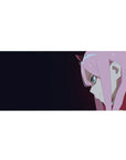 Minimalist 36x16 desk pad with close-up anime art, piercing teal eyes, and dark gradient background for sleek aesthetic