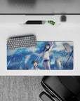 28x12 inches anime desk mat in soft pastels and sky-blue glow, sparkly highlights, carefree vibe.