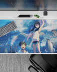 40x20 inches pastel anime desk pad in sky-blue glow with sparkly highlights and carefree rainy-day mood.