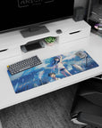 32x12 inches anime mouse pad featuring girl in white sleeveless hoodie and boy smiling under rain.