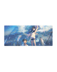 28x12 inches anime mouse pad with rainy rooftop teens, city skyline towers, and dramatic clouds.
