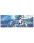 32x12 inches anime mouse pad with rainy rooftop teens laughing, city skyline and dramatic clouds.