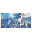 32x16 inches anime mouse pad with rainy rooftop cityscape, two laughing teens under dramatic clouds.