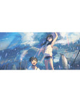 Anime desk pad 36x16 inches with rainy rooftop teens, city skyline, dramatic clouds, crisp anime detail.