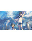 40x20 inches anime desk pad with rainy rooftop teens, city skyline towers, crisp summer scene detail.