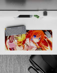 Molten reds and sunrise glow anime mouse pad 28x12 inches, cozy yet fierce magical vibe.
