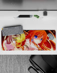 32x12 inches anime mouse pad in molten reds and sunrise glow, golden magic accents, bright punchy style.