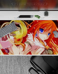 Fiery red-orange anime desk pad 40x20 inches with glowing gold magic, bright punchy art, cozy-danger vibe.