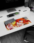 Orange-haired mage girl casting golden spell on anime mouse pad 28x12 inches, big blue eyes.