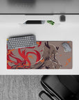 28x12 inches anime girl mouse pad in soft gray tones with crimson flames and orange spark details, cozy-danger vibe.