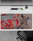 32x16 inches anime mouse pad in soft gray tones with crimson flames and orange sparks, cozy-danger vibe.