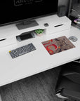 Horned demon anime girl on mouse pad 14x10 inches, long hair across the desk with fiery accents.