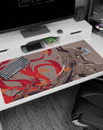 Horned demon anime girl desk pad 40x20 inches, attitude pose with long hair and fiery red swirls.