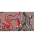 Anime girl desk pad 40x20 inches with horned demon girl art, flowing hair, and flame swirl accents.