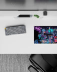 14x10 inches mouse pad featuring cyberpunk city design, with electric lights and a rain-soaked night sky to bring cutting-edge energy to your desk.