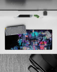 28x12 inches mouse pad with cyberpunk city design, blending neon lights and rain-soaked streets for a dynamic, futuristic cityscape effect.