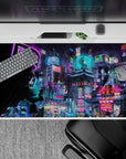 40x20 inches mouse pad with cyberpunk city design, showcasing neon-lit skyscrapers and a rain-soaked night sky for a high-energy, urban atmosphere.