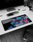Modern 32x16 inches mouse pad featuring cyberpunk city design, with neon skyscrapers and electric lights under a rain-soaked night sky for energy.