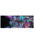 Compact 32x12 inches mouse pad with cyberpunk city design, featuring neon lights, skyscrapers, and a rain-soaked night sky for an intense, futuristic look.