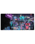 Mouse pad featuring cyberpunk city design, 32x16 inches, with skyscrapers pulsing with neon lights and a rain-soaked skyline for an urban, electric atmosphere.