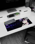 28x12 inches desk mouse pad featuring a dark-haired anime girl with purple galaxy eyes and lace outfit.