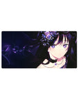 Anime girl mouse pad 32x16 inches with dark-haired heroine, black lace, and crystal flowers.