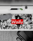 36x16 inches anime girl mouse pad in cozy grayscale manga style with a candy-red Waifu banner.