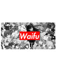 32x16 inches anime girl mouse pad with grayscale collage of heroines and bold red Waifu title block.
