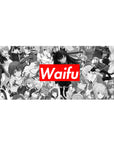 36x16 inches anime girl desk pad with grayscale collage heroines and bold red Waifu title block.