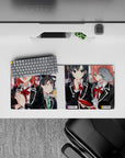28x12 inches anime girl mouse pad with black blazers, warm skin tones, glossy reds, soft hallway blur.