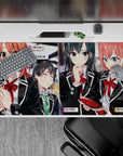 40x20 inches anime girl desk pad with crisp black blazers, warm tones, glossy reds, soft hallway blur.