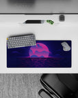 Compact 28x12 desk mat highlights neon hues and pixelated waters for immersive retro-futuristic vibes