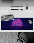 Intense 32x12 desk mat features glowing sunset and pixelated waters with intricate neon details for fans of synthwave