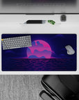 Bold 32x16 desk mat combines neon pinks, purples, and pixelated tones for impactful yet stylish visuals