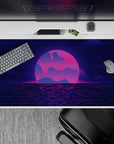 Vibrant 40x20 desk pad showcases glowing sunset and neon hues for an immersive 80s-inspired workspace vibe