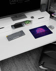 Iconic 14x10 desk mat celebrates Synthwave Retrowave with neon pinks, purples, glowing sunset, and pixelated waters