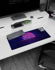 Dynamic Synthwave Retrowave artwork on 28x12 desk mat perfect for celebrating bold 80s-inspired aesthetics