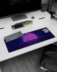 Small but impactful 32x12 desk mat showcases retro-futuristic vibes with striking neon artistry