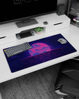 Futuristic 80s design on 32x16 desk mat brings Synthwave Retrowave's vibrant aesthetic to life vividly
